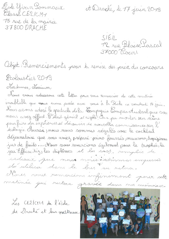 lettre de remerciement école Yvan Pommaux